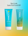 Side by side comparison graphic showing old and new packaging for COOLA Hydrating Sunscreen Lotion Piña Colada SPF 30