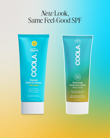 Side by side comparison graphic showing old and new packaging for COOLA Hydrating Sunscreen Lotion Piña Colada SPF 30