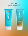 Side by side comparison graphic showing old and new packaging for COOLA Hydrating Sunscreen Lotion Tropical Coconut SPF 30