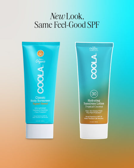 Side by side comparison graphic showing old and new packaging for COOLA Hydrating Sunscreen Lotion Tropical Coconut SPF 30