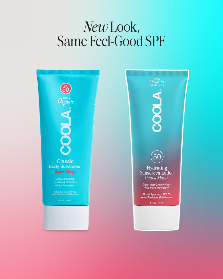 Side by side comparison graphic showing old and new packaging for COOLA Hydrating Sunscreen Lotion Guava Mango SPF 50