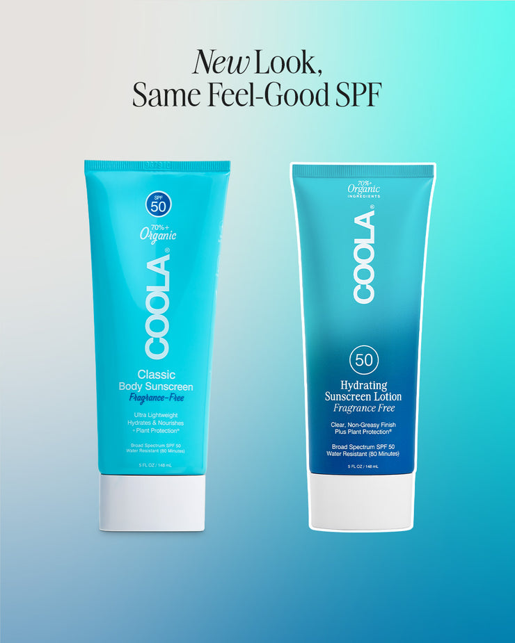 Side by side comparison graphic showing old and new packaging for COOLA Hydrating Sunscreen Lotion Fragrance-Free SPF 50
