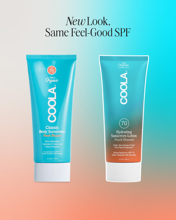 Side by side comparison graphic showing old and new packaging for COOLA Hydrating Sunscreen Lotion Peach Blossom SPF 70