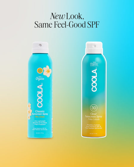 Side by side graphic showing old and new packaging for COOLA Clear Sunscreen Spray Piña Colada SPF 30