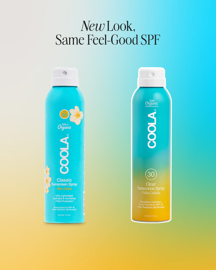 Side by side graphic showing old and new packaging for COOLA Clear Sunscreen Spray Piña Colada SPF 30