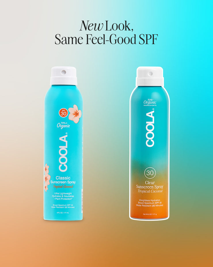 Side by side comparison graphic showing old and new packaging for COOLA Clear Sunscreen Spray Tropical Coconut SPF 30