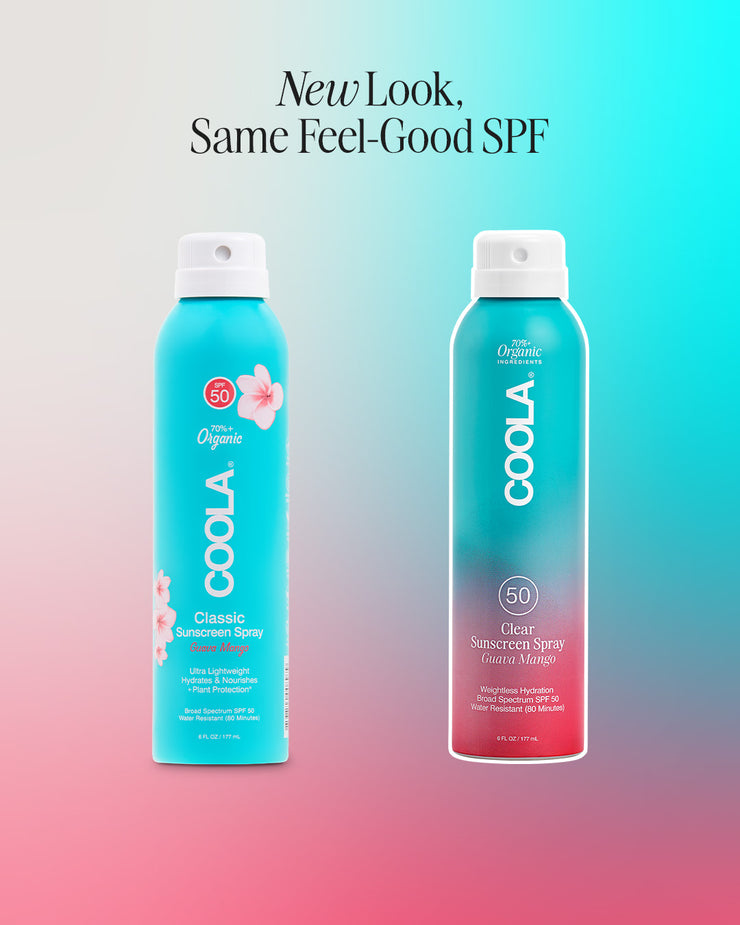 Side by side comparison graphic showing old and new packaging for COOLA Clear Sunscreen Spray Guava Mango SPF 50