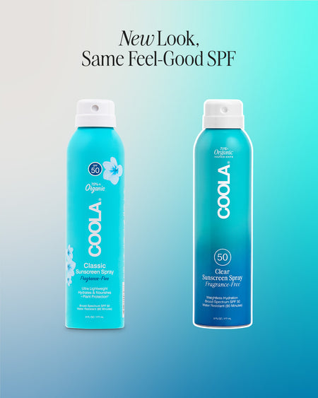 Side by side comparison graphic showing old and new packaging for COOLA Clear Sunscreen Spray Fragrance-Free SPF 50