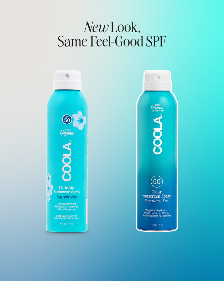 Side by side comparison graphic showing old and new packaging for COOLA Clear Sunscreen Spray Fragrance-Free SPF 50