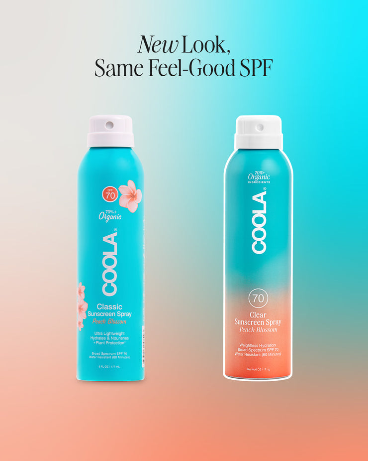 Side by side graphic showing old and new packaging for COOLA Clear Sunscreen Spray Peach Blossom SPF 70