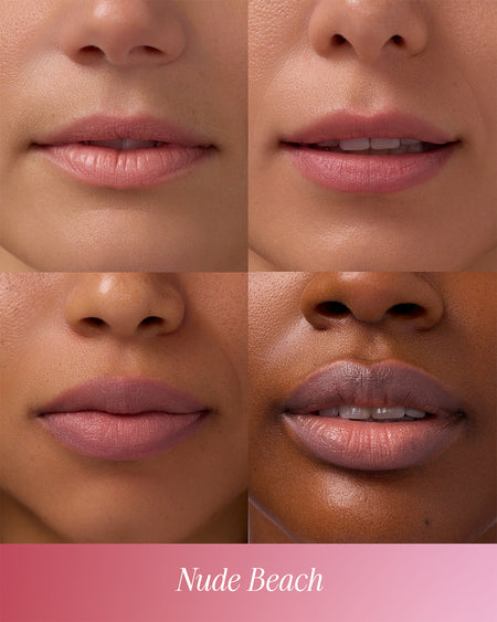 COOLA Nude Beach Mineral Liplux on four different lips with different skin tones.