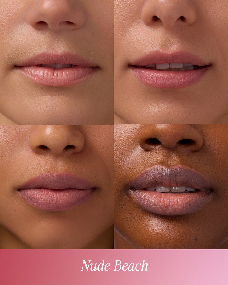 COOLA Nude Beach Mineral Liplux on four different lips with different skin tones.