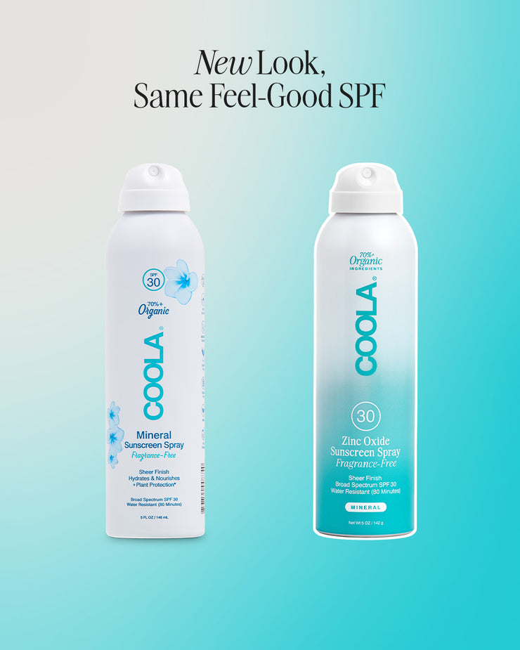 Side by side graphic showing old and new packaging for COOLA Zinc Oxide Sunscreen Spray