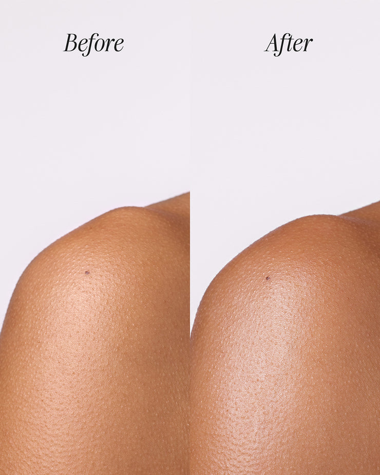 Before and after image of COOLA Dew Good Illuminating Body Melt Lotion SPF 40 against white background