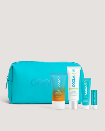 COOLA Suncare Travel Essentials Set with TSA-friendly sunscreen kit and pouch