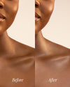 Before and after view of smooth glowing skin on the chest after using Dew Good Body Melt Lotion