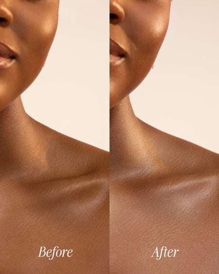 Before and after view of smooth glowing skin on the chest after using Dew Good Body Melt Lotion