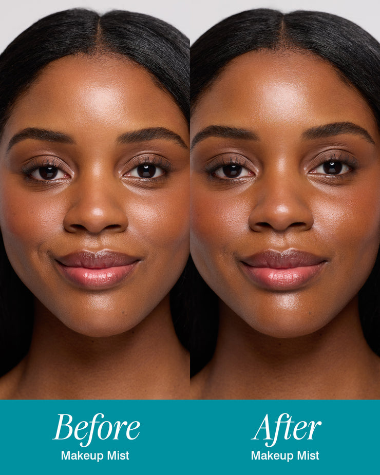 Before and after comparison of a woman's face with makeup mist application.