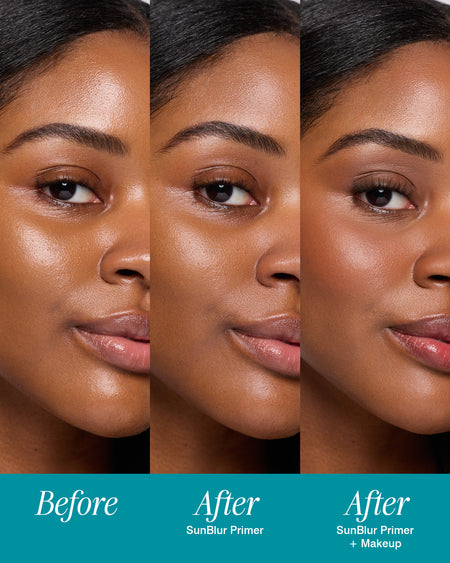 Before and After comparison of a woman's face with SunBlur Primer and SunBlur Primer + Makeup.