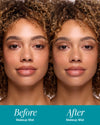 Before and after comparison of a makeup mist on a person with curly hair.
