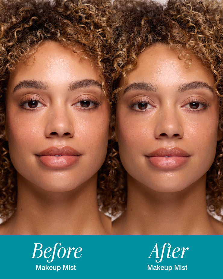 Before and after comparison of a makeup mist on a person with curly hair.